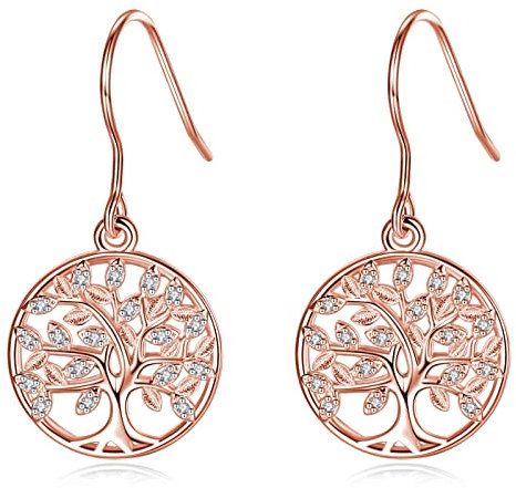 CELESTIA Boucles d’oreilles Femme Pendantes Arbre de Vie Or Rose Argent 925 Bijoux Idee Cadeau pour Maman Sœur Fete des Maman Mère de l'épouse