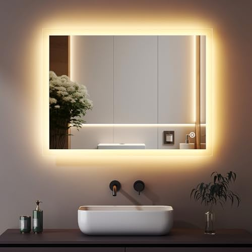 Boromal LED Badspiegel mit Beleuchtung 50x70cm Badezimmerspiegel 3 Lichtfarbe Dimmbar 3000-6500K 2410LM Kaltweiß Neutral Warmweiß Wandspiegel Lichtspiegel LED Spiegel mit Touch Schalter