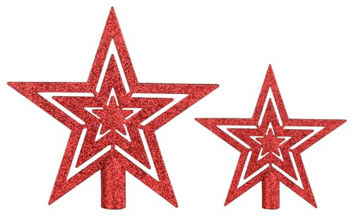 VEYLIN Christmas Tree Topper,2PCS Red Glittered Star Christmas Tree Topper Star Tree Topper for Christmas Tree Ornament(10+15CM)