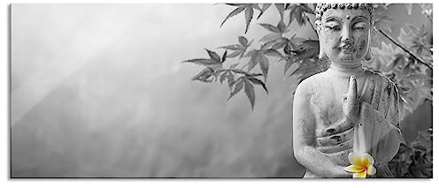Pixxprint Glasbild Panorama, Wandbild aus Echtglas, Buddha mit Monoi Blüte in der Hand, 100x40 cm, inkl. Aufhängung und Abstandshalter
