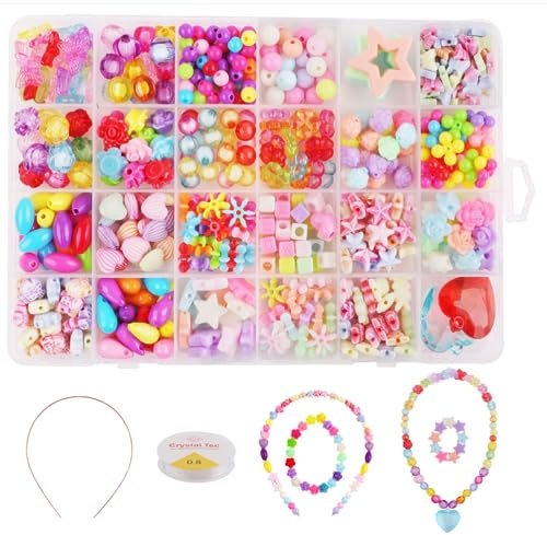 Tikplus Perlen zum Auffädeln Kinder, DIY Perlen Set Armbänder Selber Machen Kinder, Schmuck Basteln Mädchen Set, 24 Farben Perlen Basteln Kindergeburtstag Geschenk Mädchen 4-12 Jahre