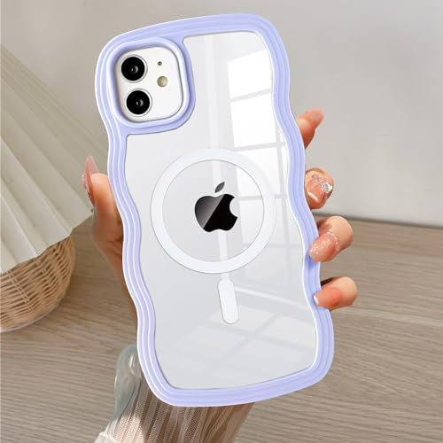 QLTYPRI Magnetisch Hülle für iPhone 12/iPhone 12 Pro Handyhülle [Kompatibel mit MagSafe], Aesthetic Klar Wellen Rahmenform Silikon TPU Case für Mädchen Frauen Stoßfeste Schutzhülle - Lila