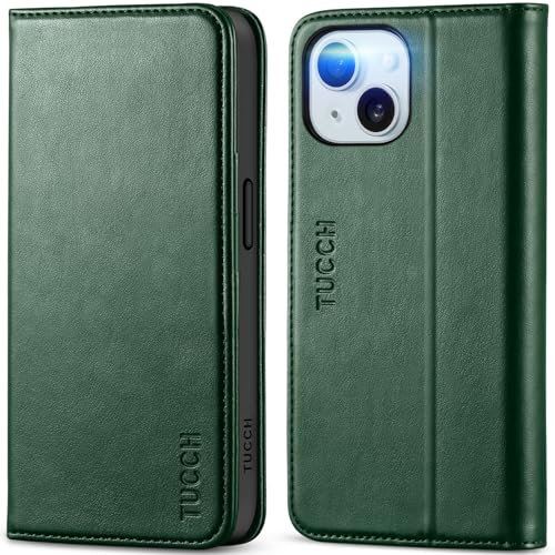 TUCCH Wallet Case for iPhone 15 (6.1) 2023 5G, PU Leather Foldable Case with[RFID Blocking][Shockproof TPU][Viewing Stand] Card Holders, Flip Folio Stand Cover Compatible with iPhone 15, Dark Green