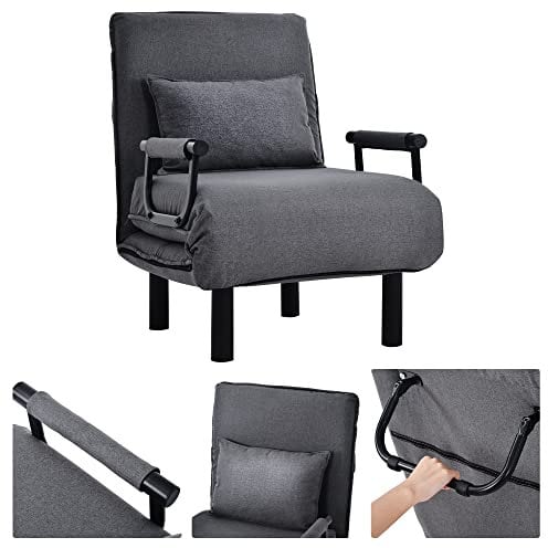 Schlafsessel 3 in 1, Schlafsofa mit Bettfunktion, Klappsessel mit 6 stufig Verstellbarer Rückenlehne&Abnehmbarem Kissen&Armlehnen, Sofabett mit Metallrahmen bis 150 kg belastbar,Grey