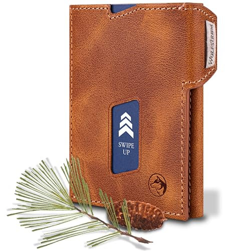 Wolfstrøm Slim Wallet mit Münzfach 'Ludvig' I 7+1 Karten Mini Geldbörse I RFID Blocker I Damen Herren Portemonnaie Klein I Credit Card Holder Geldbeutel – Cognac