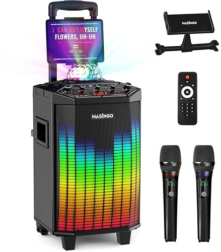 MASINGO New Karaoke Machine for Adults and Kids with 2 Bluetooth Wireless Microphones. Portable Singing PA Speaker System with Party Lights, Lyrics Display Holder, and TV Cable. Festoso X9