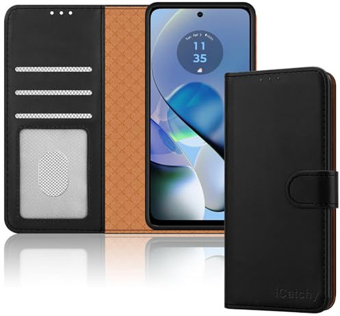 iCatchy for Motorola Moto G54 / G64 Case Leather Wallet Book Flip Folio Stand View Magnetic Protect RFID Blocking Cover Compatible with Motorola G54 5G / G64 5G Phone (Black)