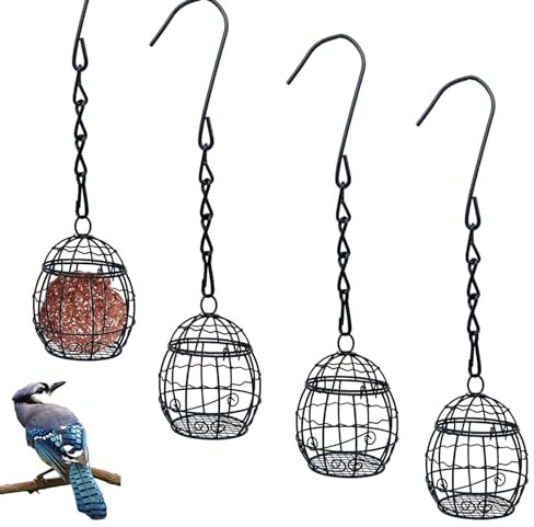 Vueinrg 4 Pezzi Mangiatoia per Uccellini Selvatici Mangiatoia per Palle di Grasso con Coperchio a Ribalta e Gancio in Ferro Mangiatoia per Uccellini da Esterno per Recinzioni Giardini Fringuelli -Nero