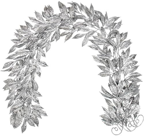 Hollyone 3 Stück Weihnachten Girlande Glitzer, 183cm Magnolien Blätter Girlande, Silber Weihnachtsbaumschmuck Indoor Outdoor Hängende Girlande Ornamente für Fest, Feiertage, Kamine Deko