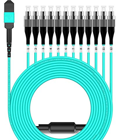 AMPCOM MPO zu FC Breakout-Kabel 50/125μm Multimode OM3-300 (12 Fasern, MPO zu FC, Typ B, LSZH/Riser, UPC, Aqua) 30m
