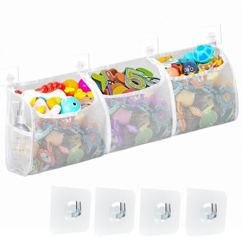 Badewannenspielzeug Aufbewahrungstasche, badespielzeug aufbewahrung, Spielzeugnetz Badewanne, 76x24cm Netz Badewannenspielzeug, Badenetz für Spielzeug mit 4 Selbstklebend Haken