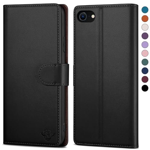 SkyDuck Leather Flip Case for iPhone SE 2022/2020 & iPhone 8 with RFID Blocking, Credit Card Holder & Tempered Glass Screen Protector, Black