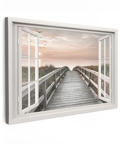 MuchoWow© Leinwand Bilder Groß 120x80 cm XXL Wanddeko Wohnzimmer Aesthetic Room Decor Deko Zimmer Wandbilder Moderne Bild auf Leinwand Fensterblick - Strand - Meer - Sonnenuntergang