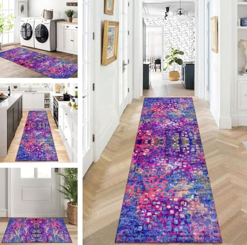 ZUZEKU Abstrakte Läufer Flur Küche Waschbar rutschfest 80X200cm Vintage Blau Lila Rosa Lang Küchenteppich Flurteppich Teppich Fur Korridor Wohnzimmer Schlafzimmer Meterware Anpassbar