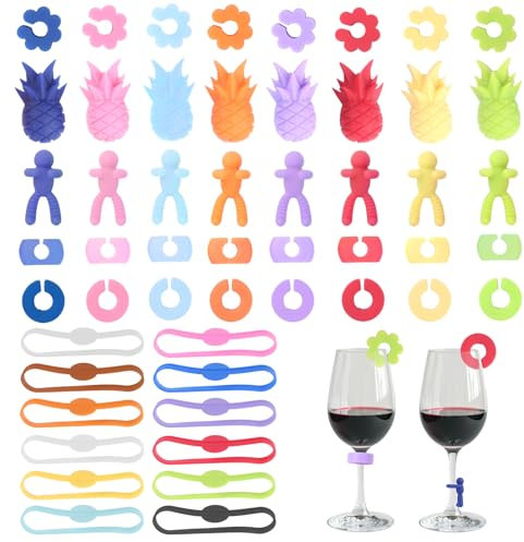 ZHXGO 52Pcs Reusable Silicone Wine Glass Markers Set, 8 Shapes Colorful Drink Charm Identifiers for Champagne, Non-Slip, Dishwasher Safe Cocktails & Martinis for Party Reception Accessories