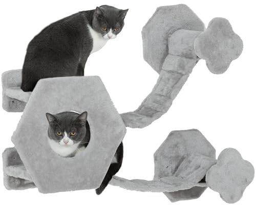 PawHut Katzen Kletterwand, Katzenliege mit Stufen, Katzenhöhle, Sprungturm, Spielzeugball, Katzenplattform für Katzen bis 5 kg, Hellgrau