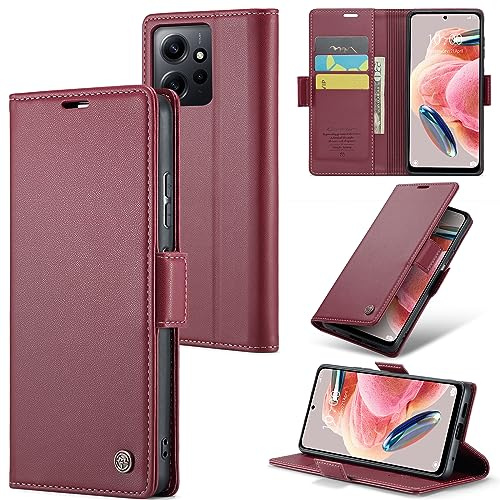 Rerzoiro Coque pour Xiaomi Redmi Note 12 4G, Étui Housse en RFID Protection Premium PU Cuir Portefeuille Rabat Case Magnétique Stand Antichoc, Étui Case pour Xiaomi Redmi Note 12 4G, Rouge