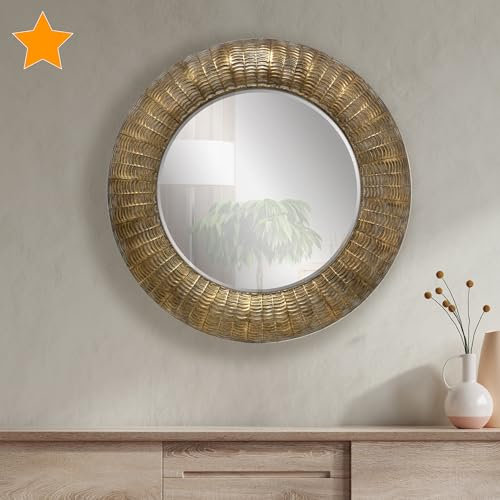 la fabrica del cuadro ®, Espejo Redondo de Metal Labrado en Oro Patinado, Espejo de Pared con Luna Biselada. Ideal para Baños, Salón, Dormitorio, Recibidor.. (Mod. Egipto 80x80 cm)