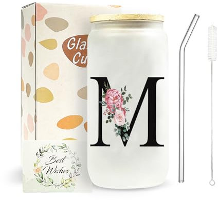 JEKUGOT Personalised Travel Mug, Tumbler Glass Cups with Lids and Straws, A-Z Custom Mugs, Glass Coffee Travel Mug, Iced Coffee Cup Birthday Gifts for Women, Personalised Gifts for Mothers,Friends(M)