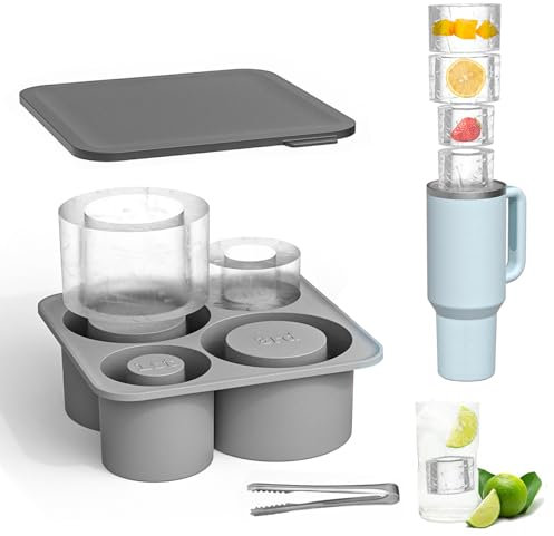 IETWATE 4 Fach Eiswürfel für Stanley Cup, Silikon Eiswürfelform, Eiswürfelbehälter mit Deckel für 20-40 oz Becher, Wiederverwendbare Eiswürfelform Silikon für Cocktails Whiskey Kaffee (Grau)