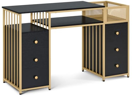 M MCombo Schreibtisch mit 6 Schubladen, Nageltisch c, Manikürtisch, Schminktisch ohne Spiegel Modern, Computertisch mit Ablagen Wohnzimmer, 46x125x81cm, 2425 (Schwarz-Gold)