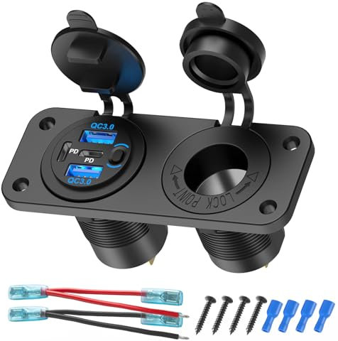 4 Ports Prise USB 12V Panneau d'interrupteurs Marins 12 Volts, Deux Ports PD30W et Deux Ports USB QC18W Chargeur de Voiture avec Interrupteur, Étanche à l'eau Prise Allume-Cigarette 150W Kit