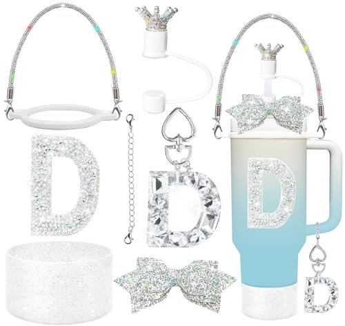 Juego de 8 accesorios plateados para vaso Stanley Cup de 30 y 40 onzas, tapa y bota de silicona, dije de letra de asa, calcomanía inicial de decoración de lazo, correa de mango de botella de agua de