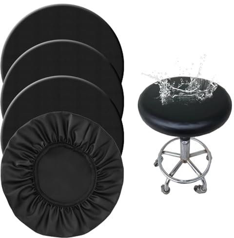 4 Stück Rund Drehstuhl Hockerbezug, 30-36cm Wasserdichtes Leder Runder Hockerkissenbezug, Runder Leder Hocker Bezug Schwarz, Barhocker Hockerbezug Elastische, Sitzkissenbezug für Bar, Zuhause, Büro