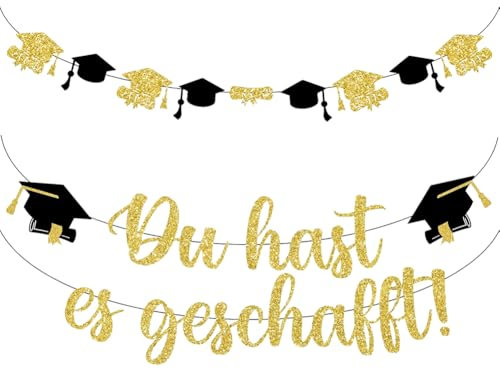 Abschluss Deko Set, Du hast es geschafft Banner, Abschlussfeier deko 2025, Girlande mit Absolventenhut-Motiv, Congratulations deko, Hängende Graduation Deko für Abitur Bachelor Abschlussfeier