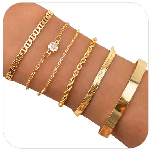 6Pcs Gold Bracelet for Women, 14K Gold Plated Stacking Bracelets Rope Cuban Figaro Herringbone Bead Chain Bracelets Adjustable CZ Link Charm Bracelet Set with Pe Film Jewelry Box for Women Girls