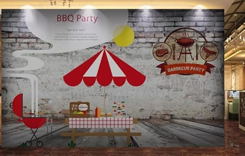 Fondo de pared con herramientas para barbacoa, diseño de tienda de barbacoa con pared de ladrillo nostálgica (400 x 280 cm)