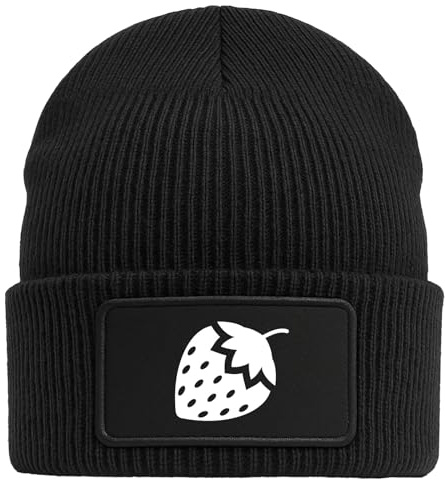 Huuraa Beanie Erdbeere Strawberry Geschenk | Black Geschenkidee Schwarze Rippstrick Wintermütze mit austauschbarem Klett Patch