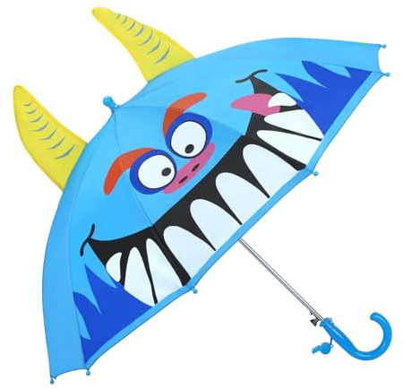decalsweet Regenschirm Kinder Stockschirm mit 3D Seeungeheuer, Windsicher Robustheit Regen Regenschirm mit Einer Pfeife, Faltbarer Leicht Kinderschirm für Junge und Mädchen, Blau