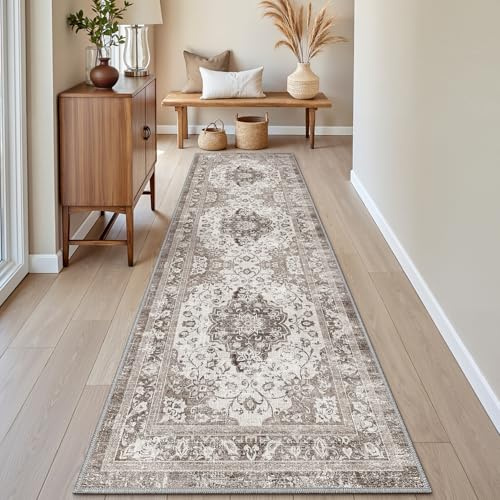 DEXI Läufer Flur 60 x 210 cm, Waschbar und rutschfest, Braun | Dünne Vintage‑Stil Läufer Teppich, Schmutz & Wasser Teppichläufer für Flur, Hauseingänge, Küche, Waschküche