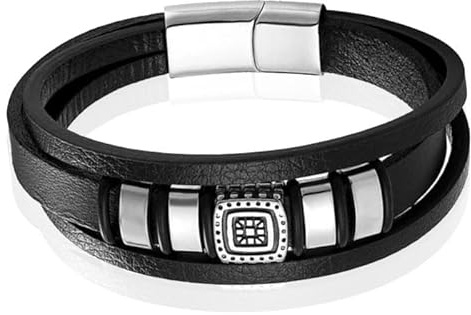 Mendes Schmuck Ethnische Herren Armband aus schwarzem Leder mit Silber-Anhänger-19cm