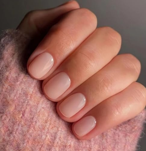 24PCS Short Nude Press On Nails Glossy Sheer Fake Nails with Natural Look, Classic French Style False for Women, Reusable Square Stick On for Daily Wear and Special Occasions