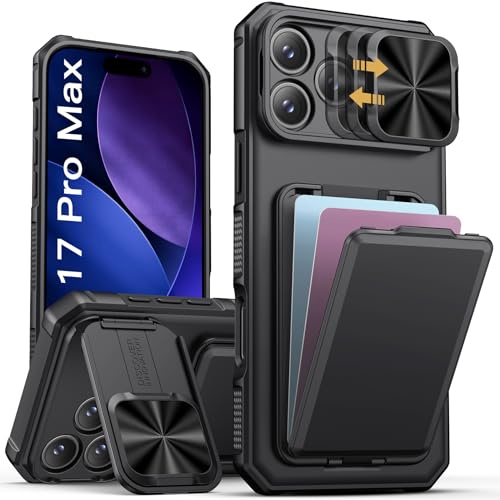 Vihibii für iPhone 17 Pro Max Hülle mit Kartenfach (2-4 Karten), Schwarz | Ständer, Kameraschutz Schieber, Militärschutz Stoßfeste Kratzfest Bumper Silikon Handyhülle für iPhone 17 Pro Max 6,9 Zoll 5G