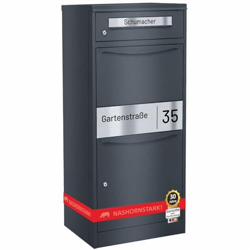 AL Paket-Line - Briefkasten mit Paketfach groß XXL wetterfest mit Namensgravur Paketbriefkasten freistehend drinnen und draußen rostfrei Anthrazit RAL 7016 Paketbox modern massiv mit Rückholsperre