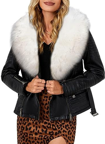 BELLIVERA Damen Lederjacke Winter Warm Kurz Moto Bikerjacke Wildleder Mantel mit Abnehmbarem Pelzkragen 9203 Weiß L
