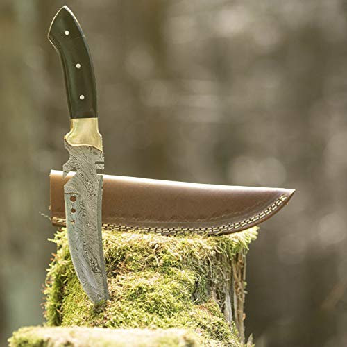 elToro Brass Horn - Damast - Jagdmesser - 17cm - inkl. Lederscheide; Messer für Camping, Outdoor, Survival