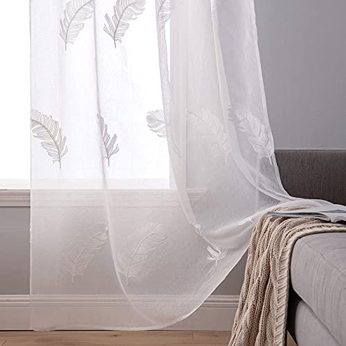 MIULEE Vorhang Sheer Voile Blumen Stickerei Vorhänge mit Ösen transparent Gardine 2 Stücke Ösenvorhang Gaze paarig schals Fensterschal für Wohnzimmer Schlafzimmer 260cm x 140cm(H x B)
