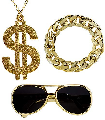 shoperama Hustler Rapper Zuhälter Set Brille Dollar-Kette Glieder-Armband Dandy Pimp Proll Kostüm-Zubehör