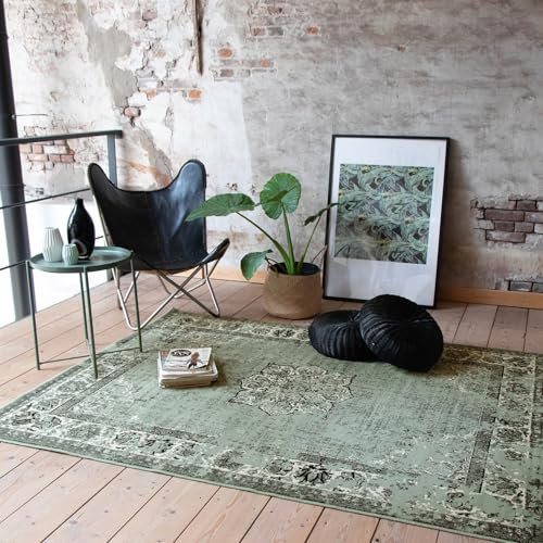 FRAAI | Home & Living Teppich Vintage - Wonder Grün Schwarz - Polypropylen - Kurzflor - Vintage - Orientalisch - Wohnzimmer, Esszimmer, Schlafzimmer - Carpet