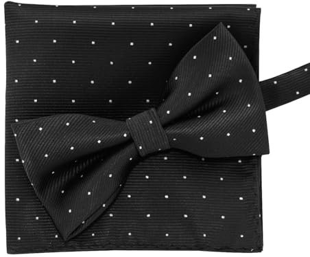 axy Fliege mit Einstecktuch als Set, bereits vorgebunden, Herren Fliege aus Seide im Geschenkbox (Schwarz Weiß Gepunktet)