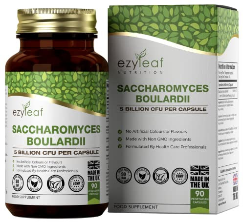 Ezyleaf Saccharomyces Boulardii [5 Mil Millones de CFU] | 90 Cápsulas Veganas | Suplemento Probiótico | Probiótico S Boulardii con Rellenos Limpios | Sin OMG, Gluten ni Alérgenos | Hecho en el RU