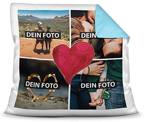 PR Print Royal Foto-Kissen inkl. Füllung zum Selbstgestalten - mit eigener Collage Bedruckt - Liebe/Familie/Foto-Geschenk/Deko-Kissen/ 40x40 - Rückseite Hellblau