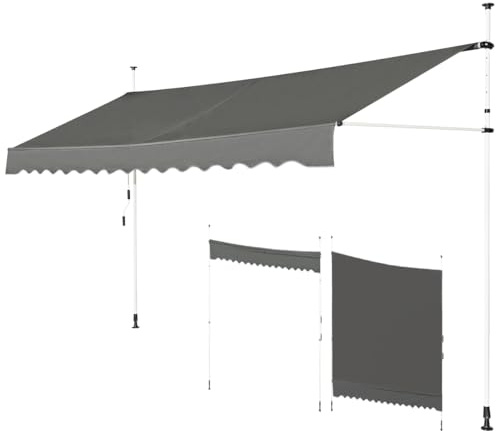 GOPLUS Klemmmarkise 300cm breit, Markise Balkon ohne Bohren, Markise mit Handkurbel, UV-beständig höhenverstellbar wasserabweisend, Sonnenschutz für Balkon Terrasse & Garten (Grau, 300cm)