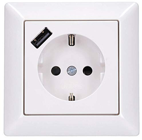 Jung SCHUKO USB-Steckdose Typ A (max. 3A) Komplett-Set Serie AS: Steckdose A152018AWW und 1-fach Rahmen AS581WW Alpinweiß