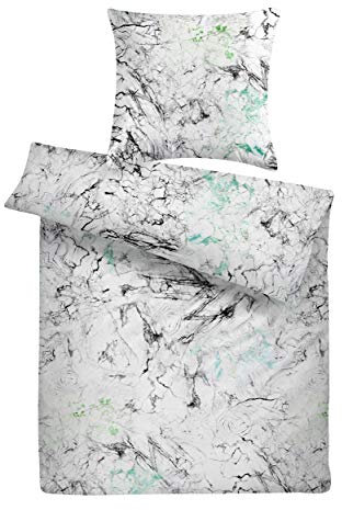 Carpe Sonno edle Mako-Satin Marmor Bettwäsche 135 x 200 Türkis Grün Grau aus 100% feinster gekämmter Baumwolle – Mako Satin Bettbezug Set marmoriert 200x135 - Made in Germany