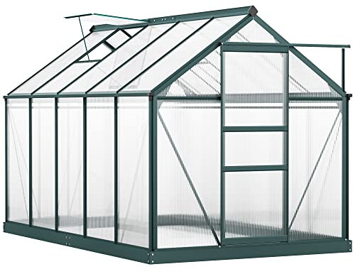 Outsunny 6 x 10ft Polycarbonate Greenhouse, Large Walk-In Green House with Slide Door and Window, Garden Plants Grow House with Aluminium Frame and Foundation, Dark Green
